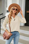 Decorative Button V-Neck Long Sleeve T-Shirt Cream Women's T-Shirts - Tophatter Daily Deals