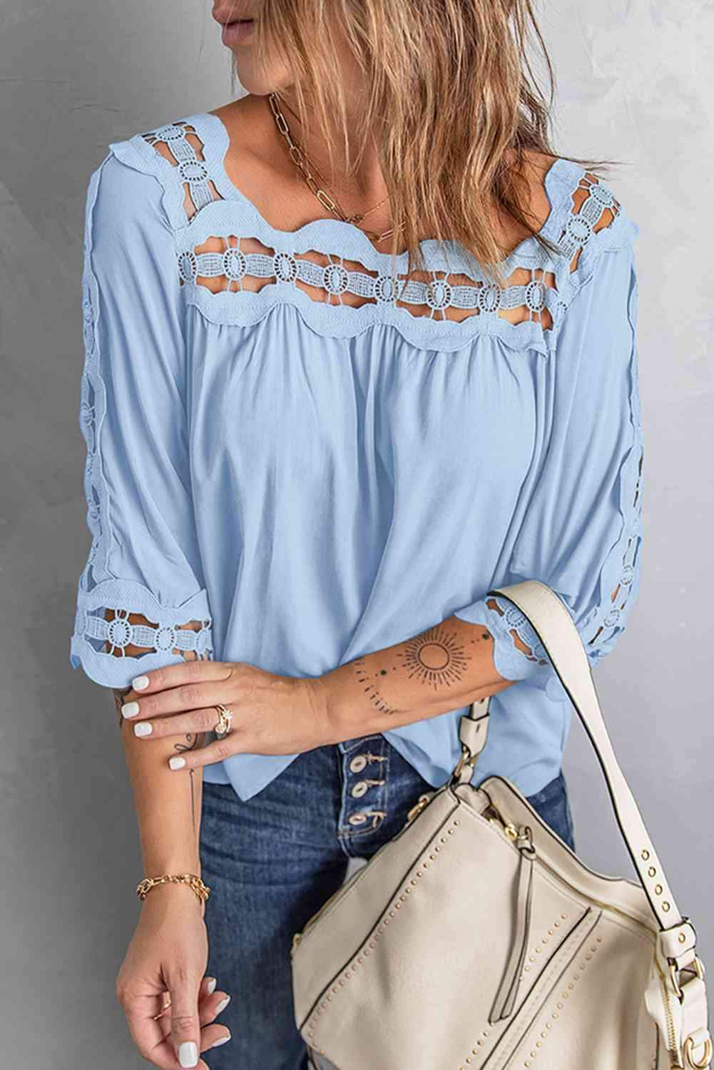 Crochet Openwork Three-Quarter Sleeve Blouse Pastel Blue Blouses - Tophatter Daily Deals