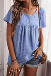 Quarter-Button Round Neck Short Sleeve Top Sky Blue Blouses - Tophatter Daily Deals