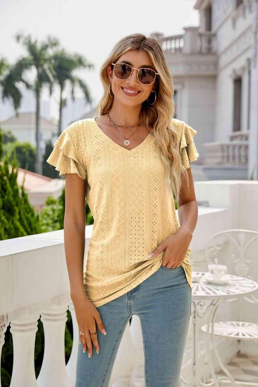 Eyelet Layered Flutter Sleeve V-Neck Top Banana Yellow Blouses - Tophatter Daily Deals