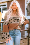 Leopard Colorblock Patchwork V-Neck Loose Sleeve Knit Top Khaki Blouses - Tophatter Daily Deals