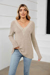 Contrast V-Neck Long Sleeve Blouse Beige Blouses - Tophatter Daily Deals