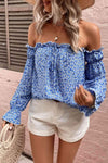 Off Shoulder Printed Frill Trim Blouse Blouses - Tophatter Daily Deals