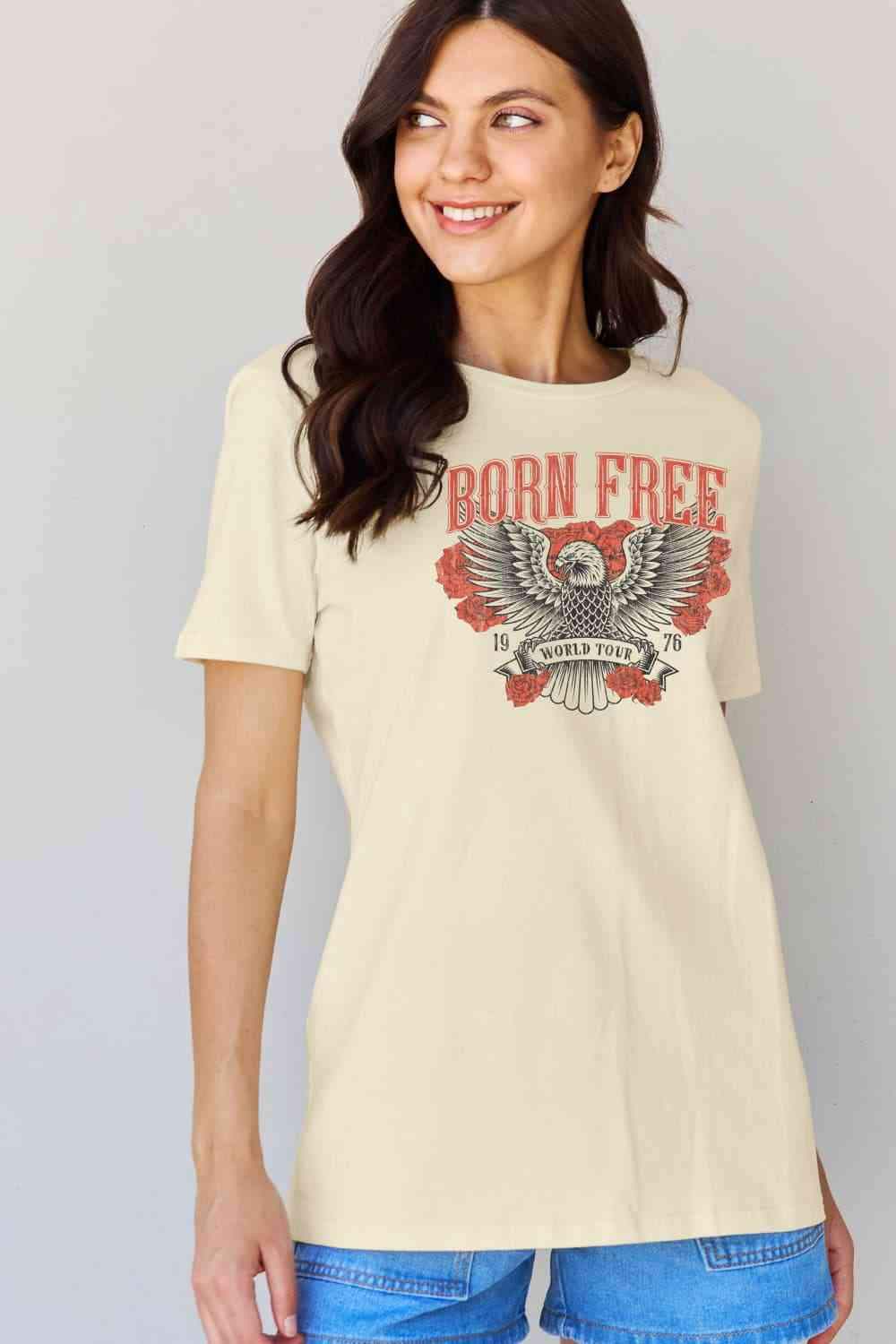 Simply Love Full Size BORN FREE 1976 WORLD TOUR Graphic Cotton T-Shirt Women's T-Shirts - Tophatter Daily Deals