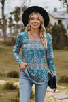 Printed Square Neck Long Sleeve Blouse Turquoise Blouses - Tophatter Daily Deals