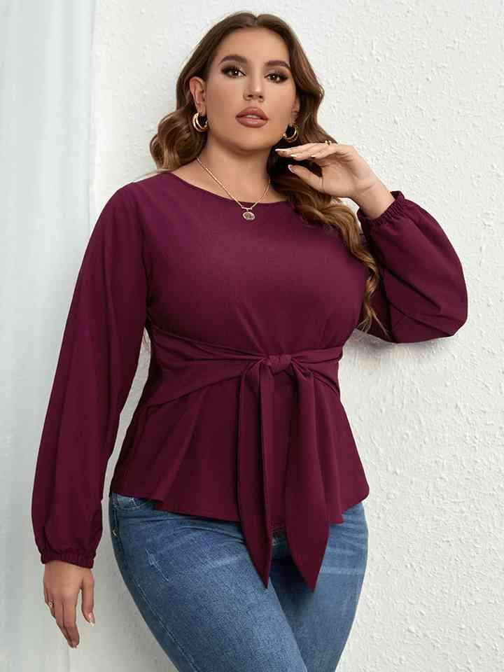 Plus Size Round Neck Tie Waist Long Sleeve Blouse Blouses - Tophatter Daily Deals