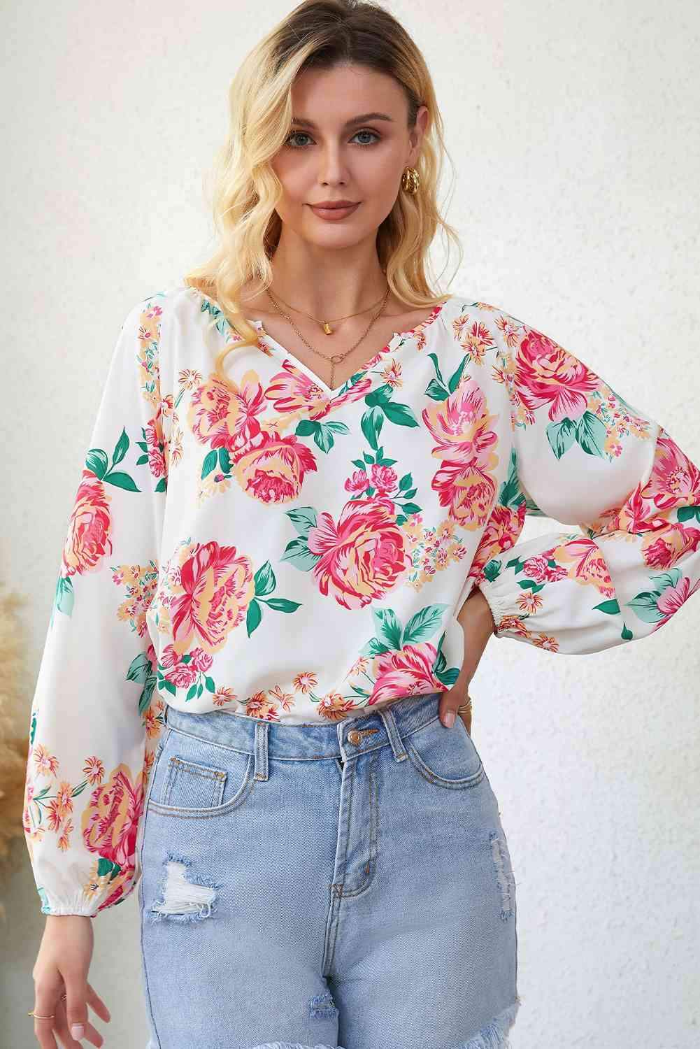 Double Take Floral Notched Neck Long Sleeve Blouse Floral Blouses - Tophatter Daily Deals