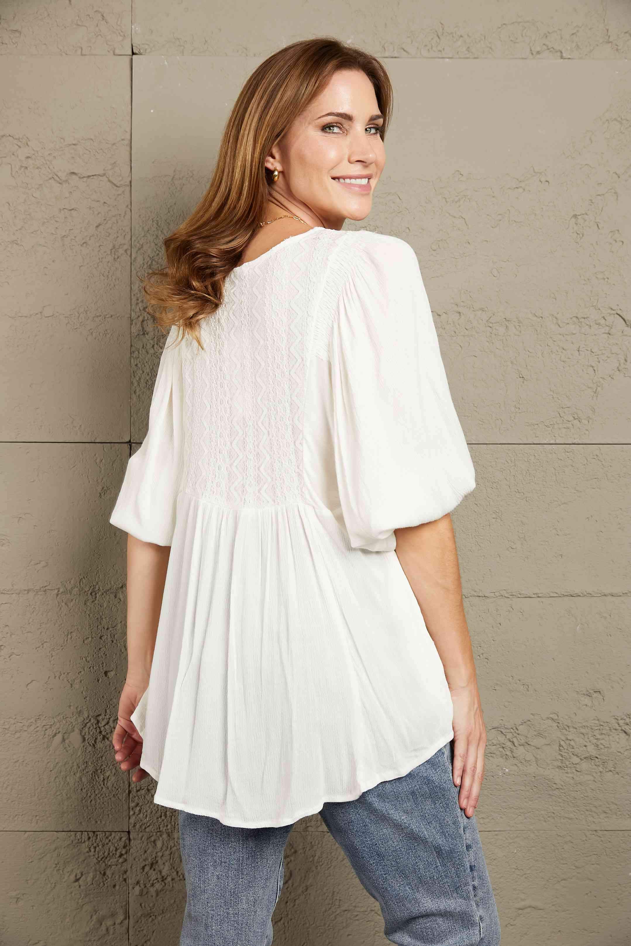 Double Take V-Neck Half Sleeve Blouse with Pockets Blouses - Tophatter Daily Deals