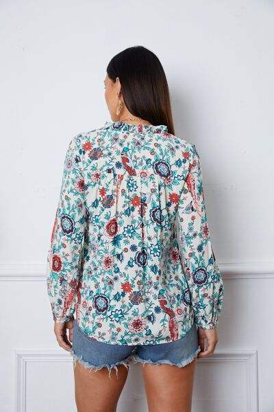 Floral Notched Long Sleeve Blouse Blouses - Tophatter Daily Deals