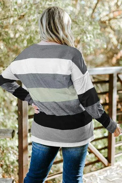 Plus Size Striped Slit Long Sleeve T-Shirt Women's T-Shirts - Tophatter Daily Deals