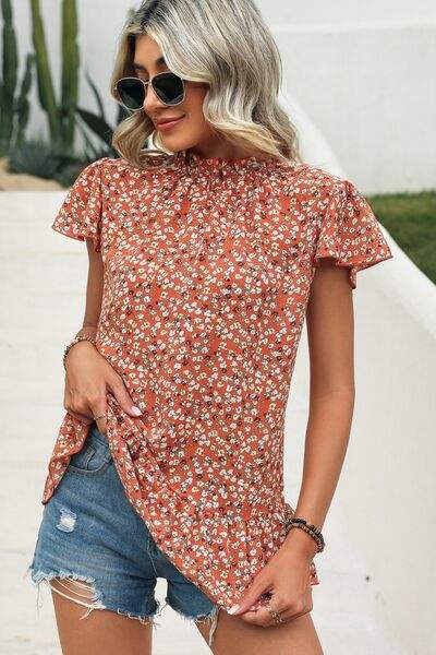 Ditsy Floral Mock Neck Short Sleeve T-Shirt Women's T-Shirts - Tophatter Daily Deals