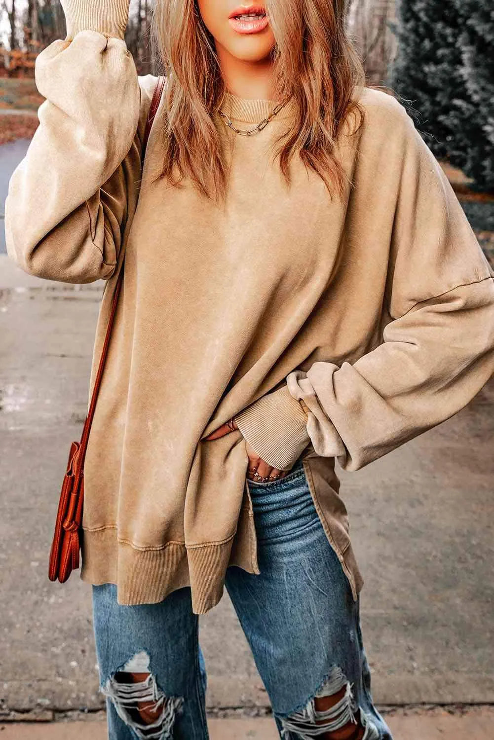 Dropped Shoulder Round Neck Long Sleeve Blouse Blouses - Tophatter Daily Deals