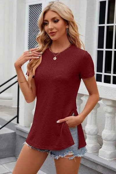 Eyelet Slit Round Neck Short Sleeve T-Shirt Women's T-Shirts - Tophatter Daily Deals