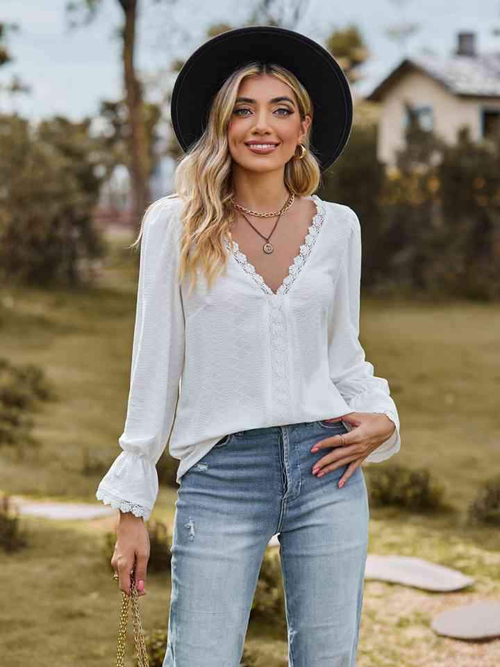 V-Neck Flounce Sleeve Blouse Blouses - Tophatter Daily Deals