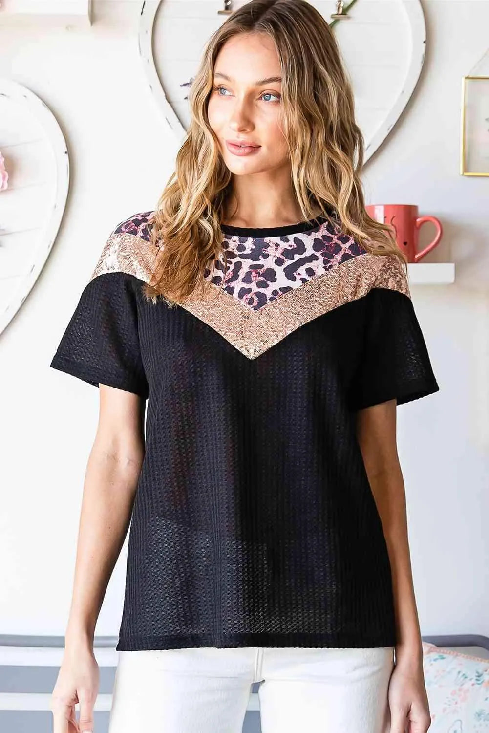 Leopard Chevron Round Neck Top Women's T-Shirts - Tophatter Daily Deals