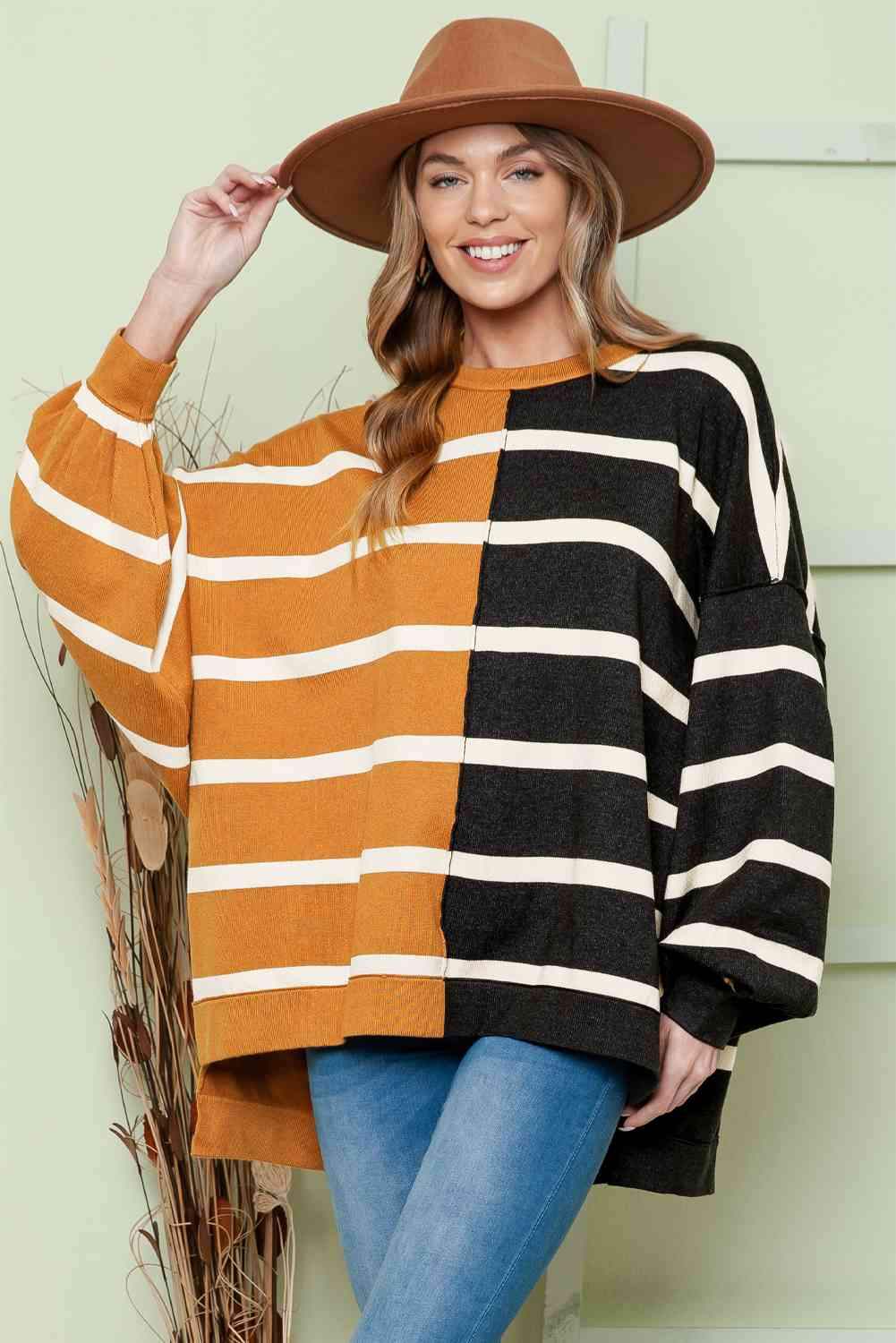 Striped Dropped Shoulder Round Neck Blouse Stripe Blouses - Tophatter Daily Deals