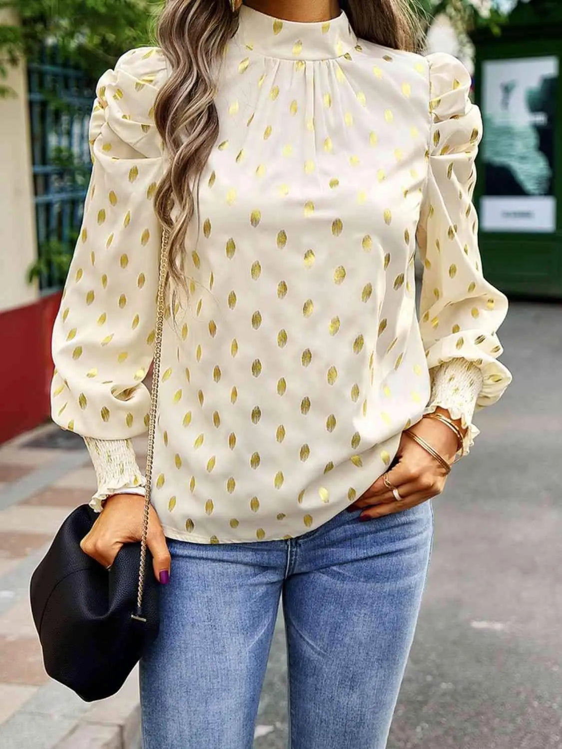 Printed Mock Neck Lantern Sleeve Blouse Beige Blouses - Tophatter Daily Deals