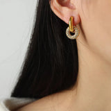 Titanium Steel Inlaid Zircon Double-Hoop Earrings Gold One Size Earrings - Tophatter Daily Deals
