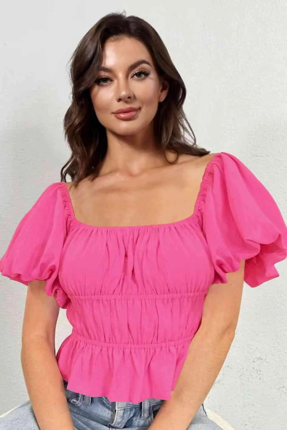 Square Neck Balloon Sleeve Cropped Blouse Deep Rose Blouses - Tophatter Daily Deals
