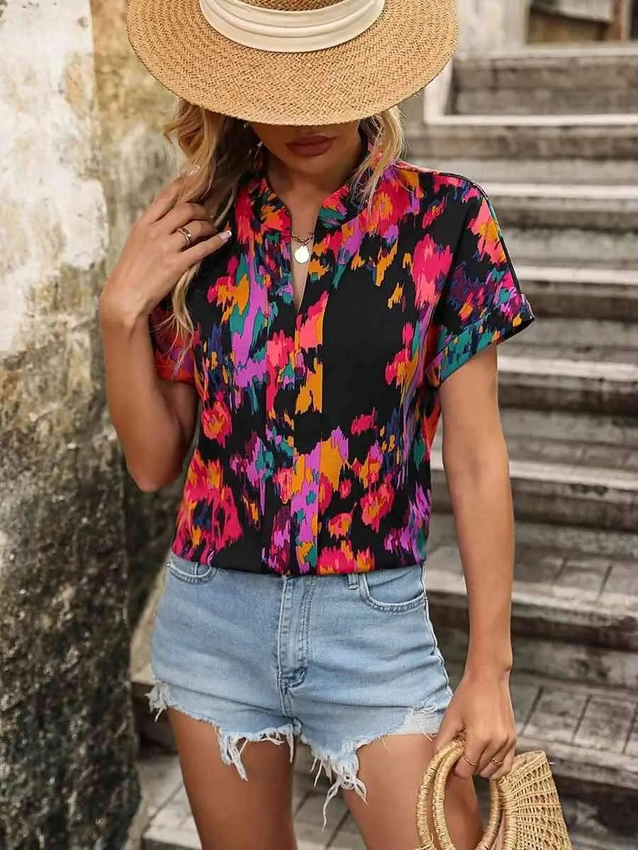 Printed Notched Neck Short Sleeve Blouse Blouses - Tophatter Daily Deals