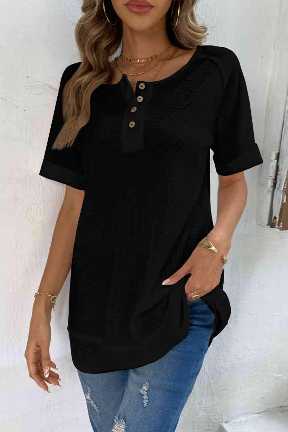 Cuffed Sleeve Henley Top Women's T-Shirts - Tophatter Daily Deals