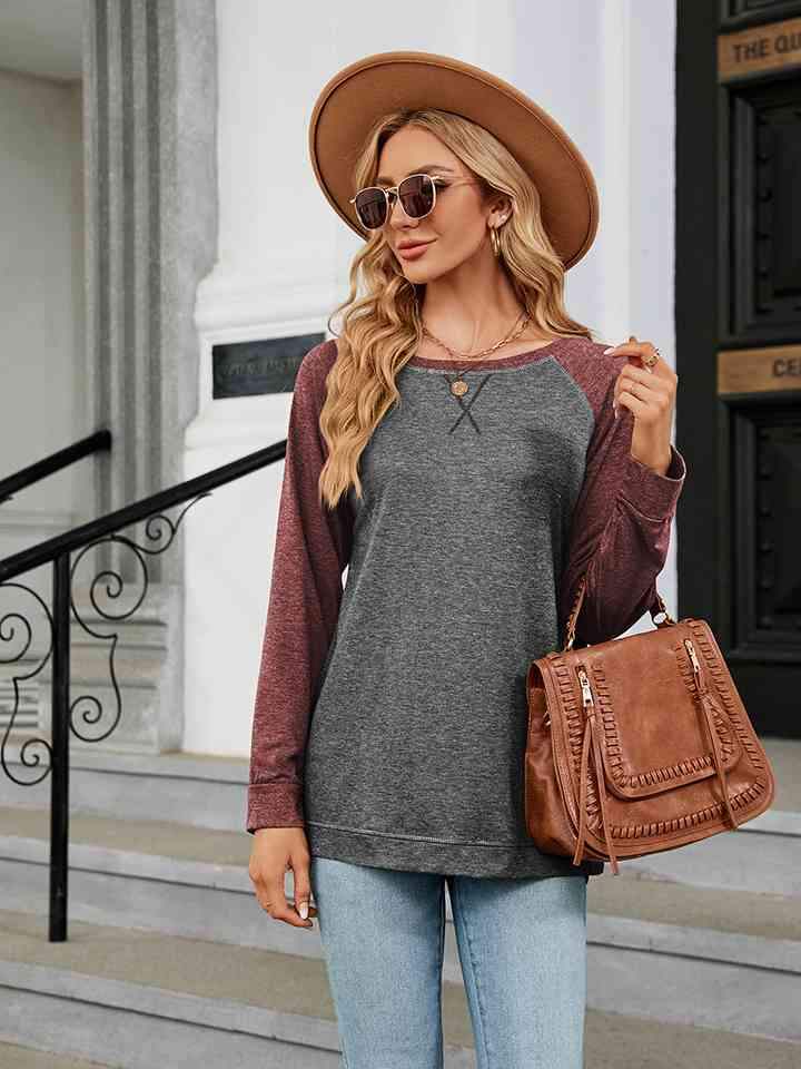 Round Neck Raglan Sleeve T-Shirt Charcoal Women's T-Shirts - Tophatter Daily Deals