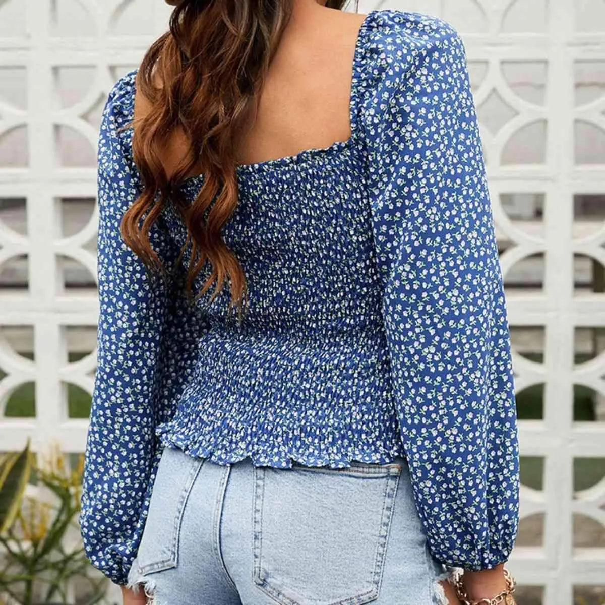 Square Neck Balloon Sleeve Smocked Blouse Blouses - Tophatter Daily Deals