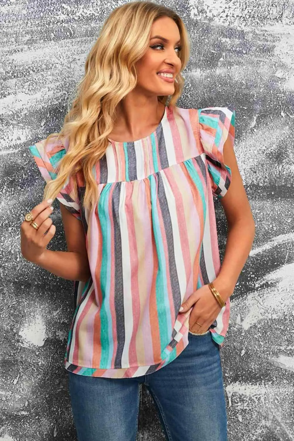 Multicolored Stripe Flutter Sleeve Blouse Blouses - Tophatter Daily Deals