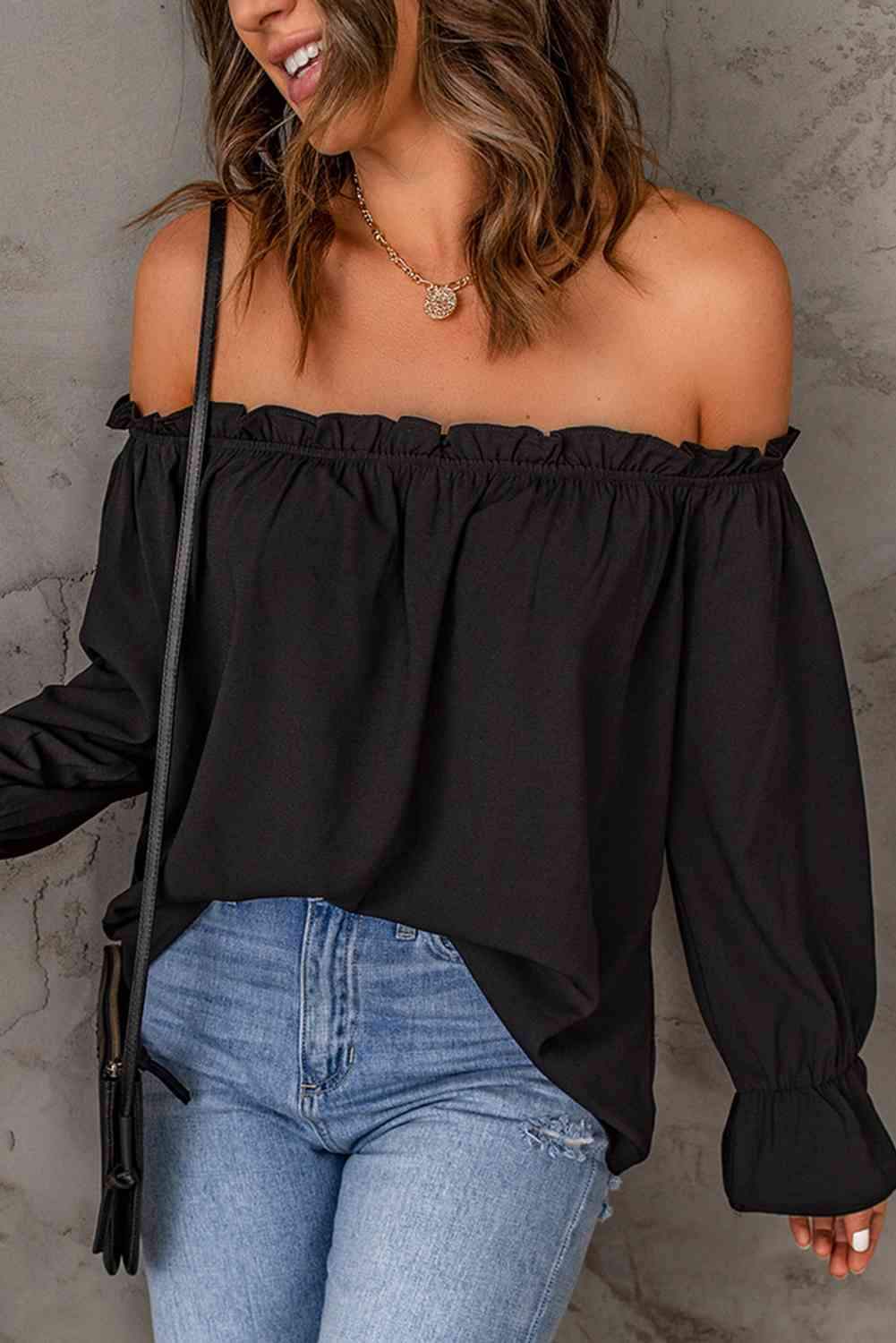 Off-Shoulder Flounce Sleeve Blouse Blouses - Tophatter Daily Deals