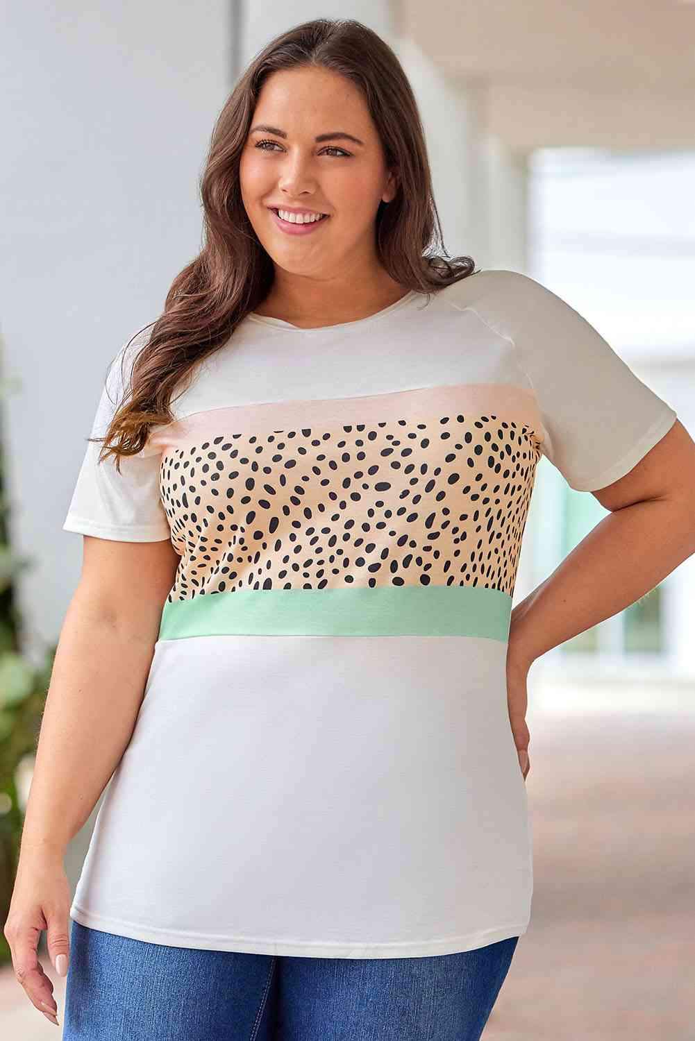 Plus Size Printed Contrast Round Neck Tee Shirt White Women's T-Shirts - Tophatter Daily Deals