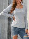 Buttoned Round Neck Long Sleeve T-Shirt Women's T-Shirts - Tophatter Daily Deals