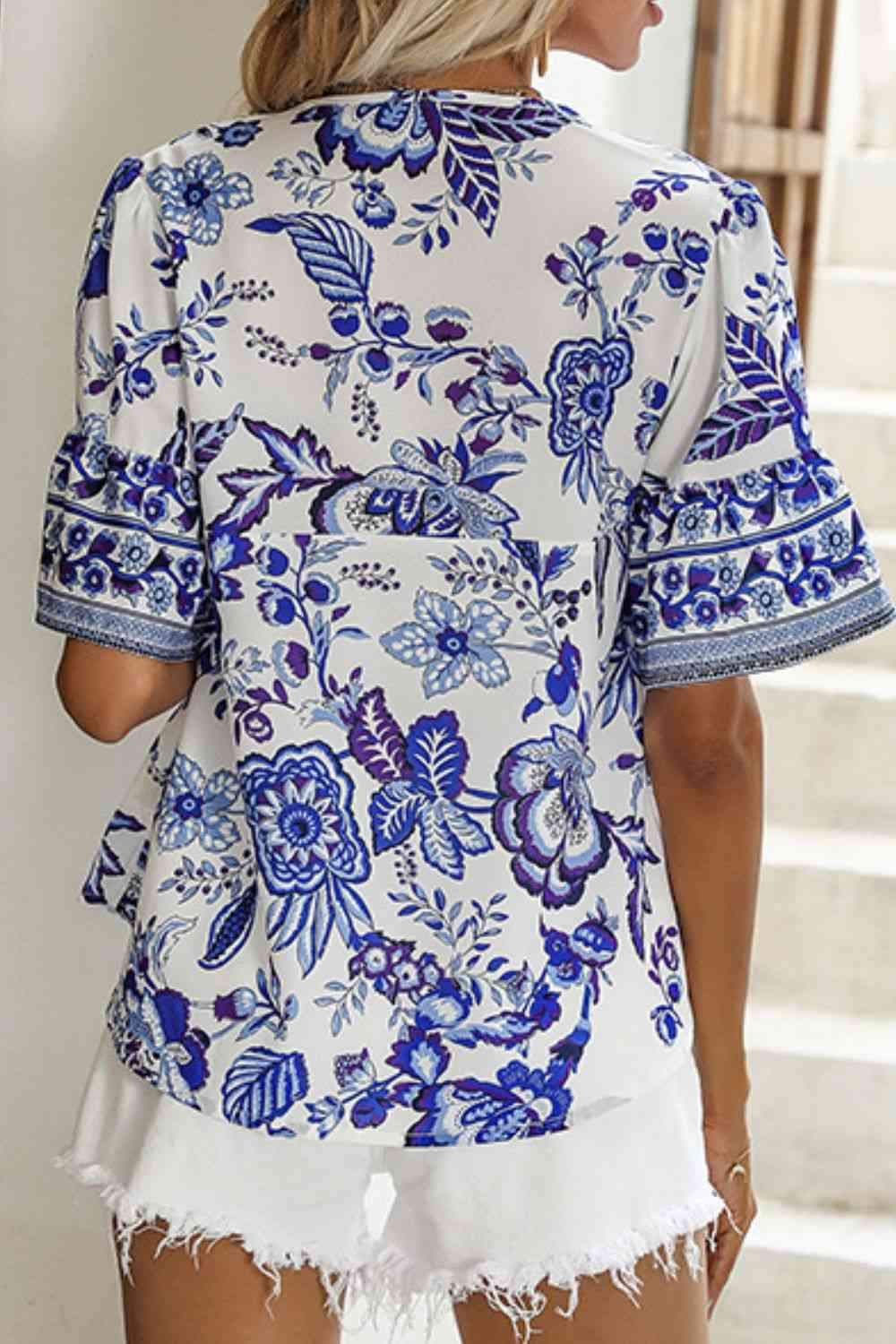 Printed Buttoned Flounce Sleeve Blouse Blouses - Tophatter Daily Deals