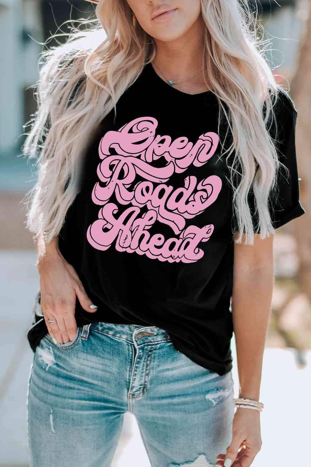 Round Neck Short Sleeve OPEN ROADS AHEAD Graphic Tee Black Women's T-Shirts - Tophatter Daily Deals