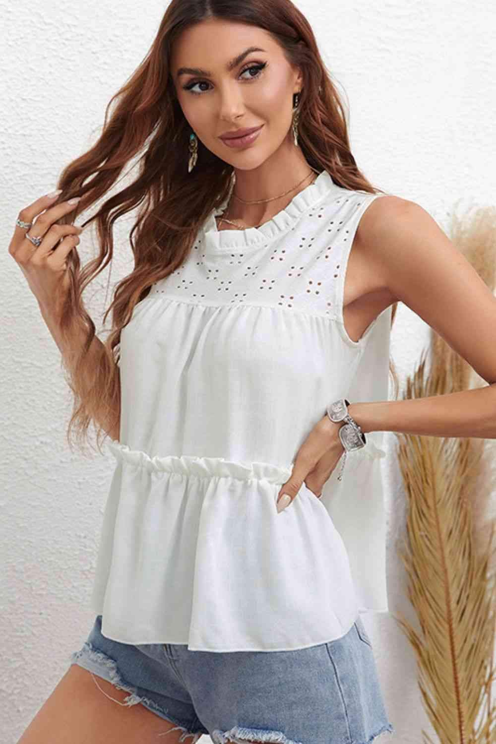 Frill Trim Round Neck Sleeveless Top Blouses - Tophatter Daily Deals