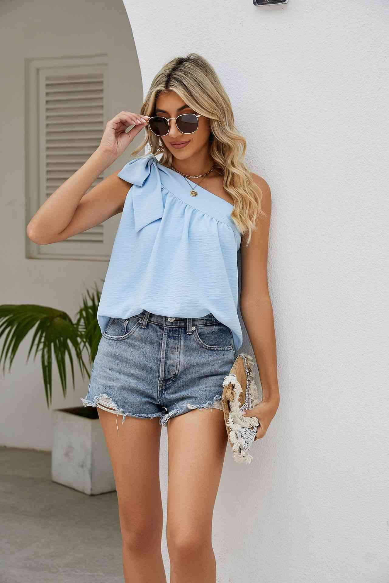 Tied One-Shoulder Sleeveless Top Blouses - Tophatter Daily Deals