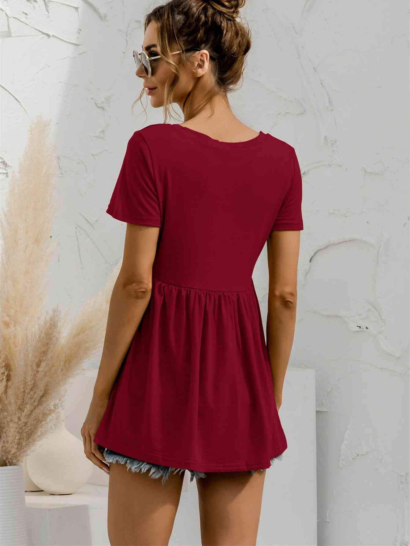 V-Neck Short Sleeve Babydoll Top Blouses - Tophatter Daily Deals