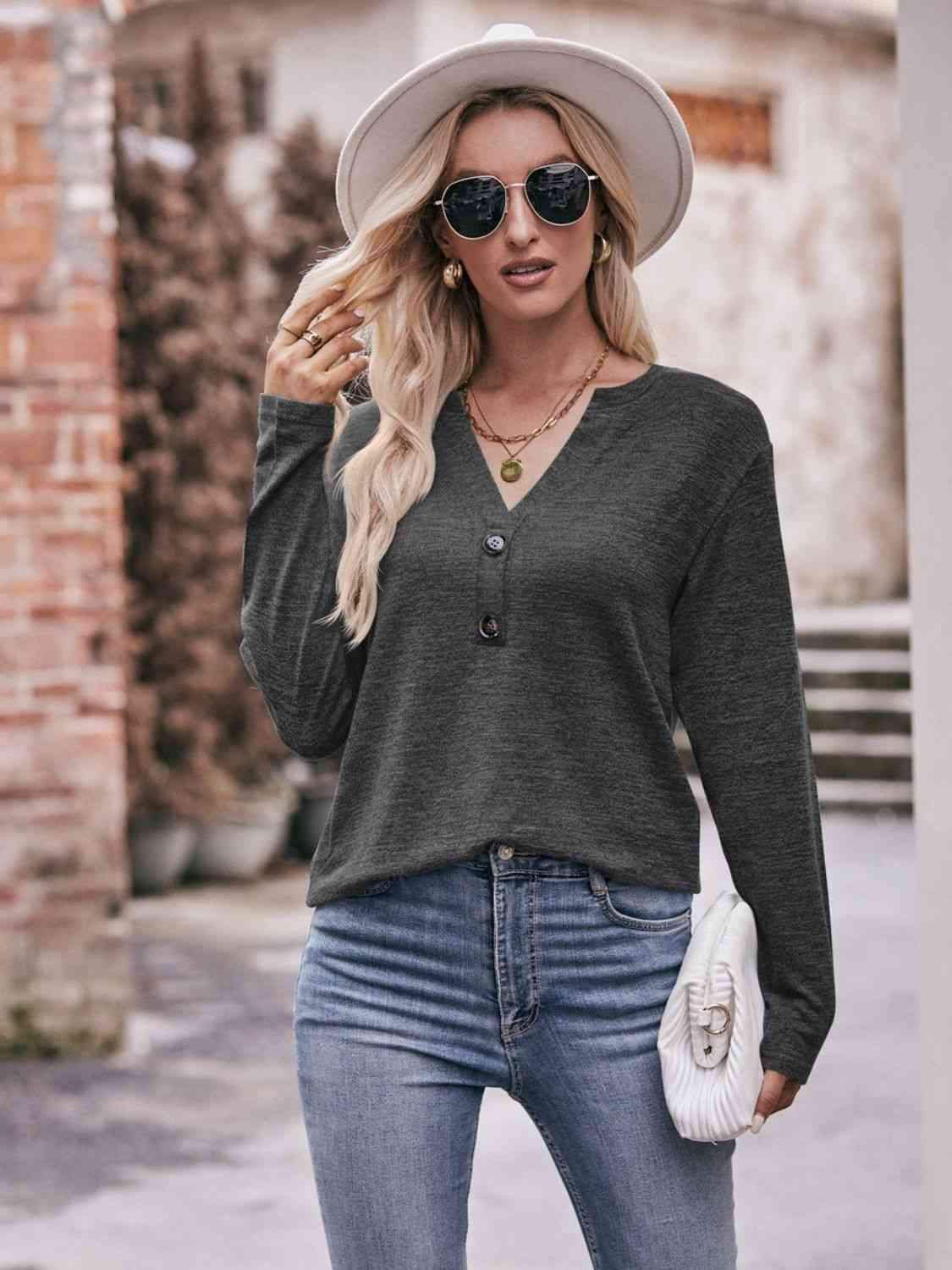 Double Take Buttoned Notched Neck Long Sleeve Top Blouses - Tophatter Daily Deals