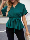 Surplice Neck Short Sleeve Front Tie Ruffle Hem Blouse Blouses - Tophatter Daily Deals