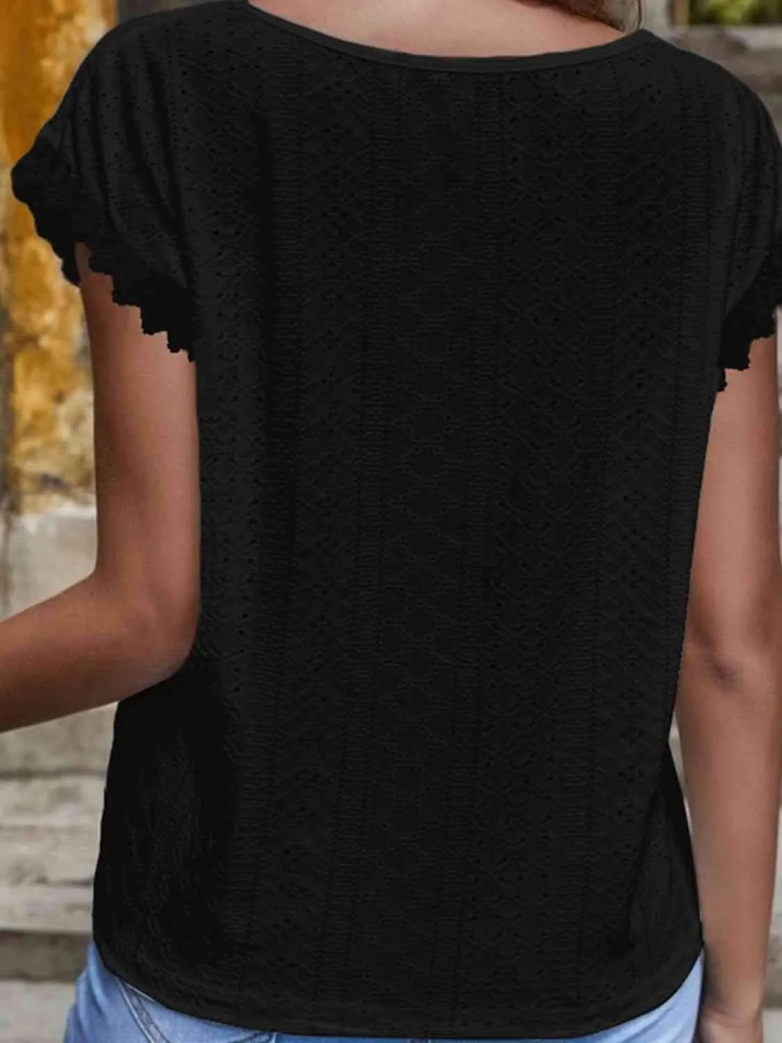 V-Neck Eyelet Short Sleeve Top Blouses - Tophatter Daily Deals