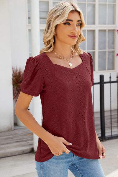 Eyelet Puff Sleeve T-Shirt Women's T-Shirts - Tophatter Daily Deals