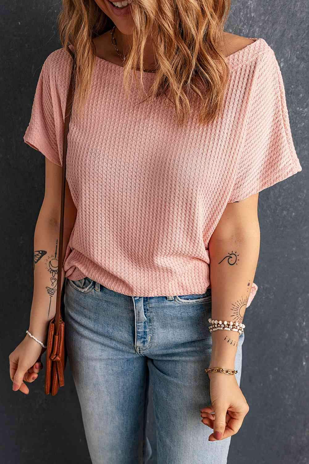 Boat Neck Waffle-Knit Top Pink Blouses - Tophatter Daily Deals