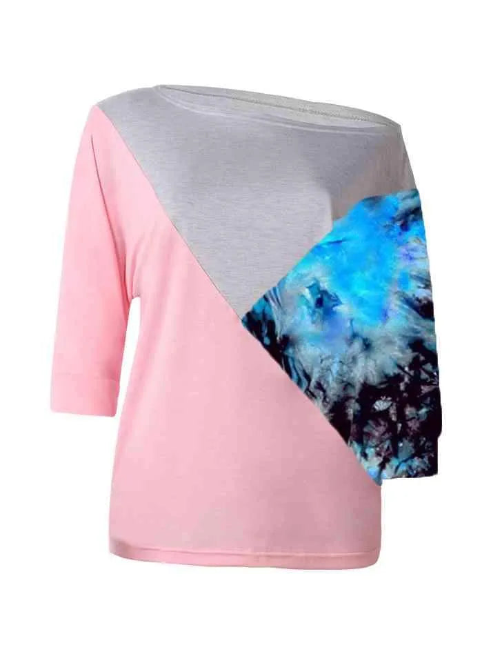 Color Block Three-Quarter Sleeve Blouse Pastel Blue Blouses - Tophatter Daily Deals