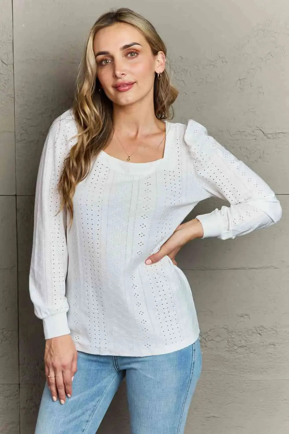 Double Take Eyelet Square Neck Puff Sleeve Blouse White Blouses - Tophatter Daily Deals