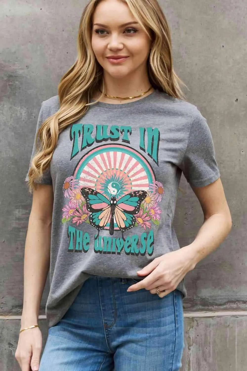 Simply Love Full Size TRUST IN THE UNIVERSE Graphic Cotton Tee Women's T-Shirts - Tophatter Daily Deals