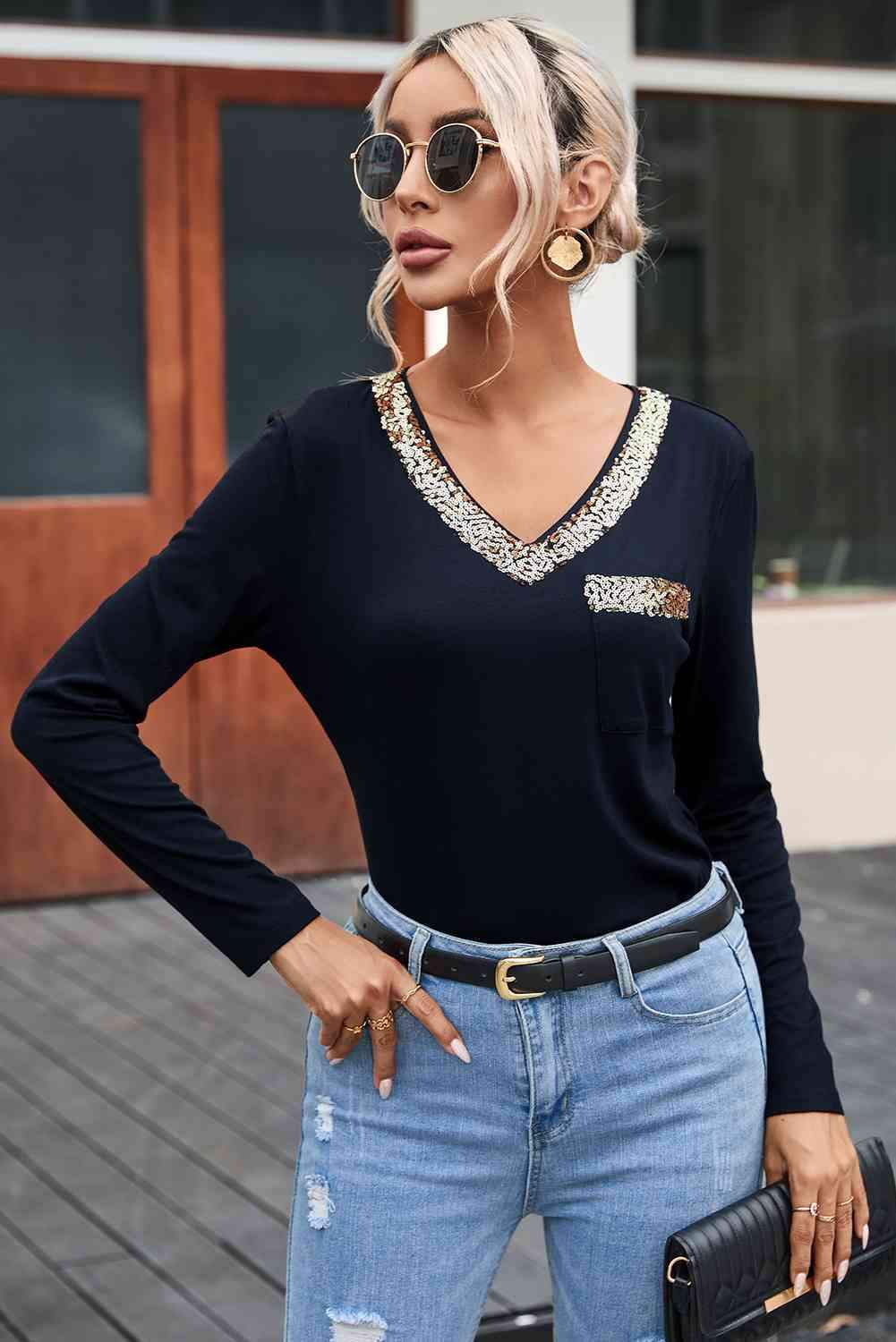 Sequin Contrast Long Sleeve T-Shirt Women's T-Shirts - Tophatter Daily Deals