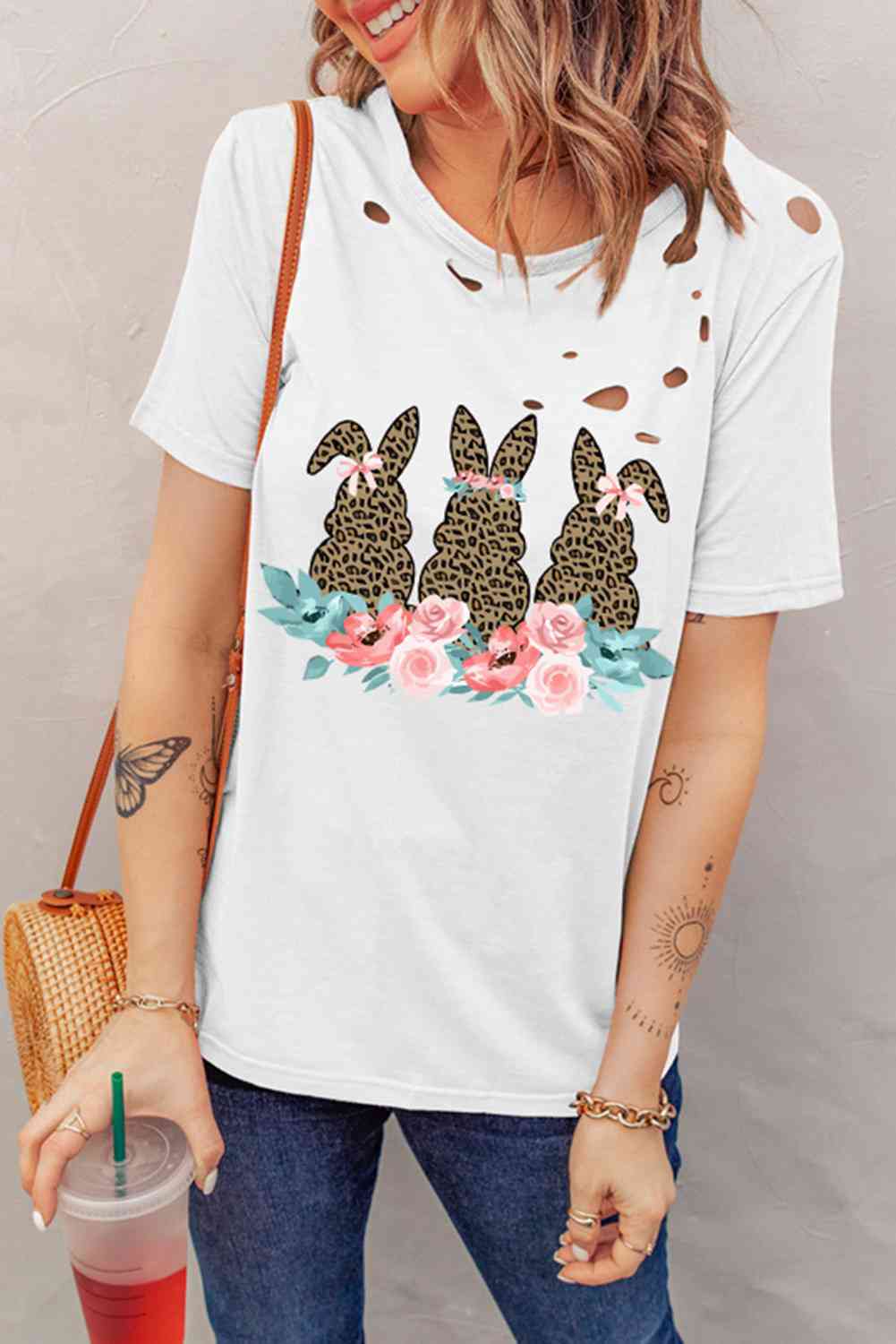 Easter Bunny Graphic Distressed Tee Shirt Women's T-Shirts - Tophatter Daily Deals