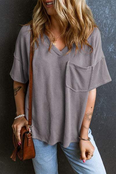 Textured V-Neck Dropped Shoulder T-Shirt Women's T-Shirts - Tophatter Daily Deals