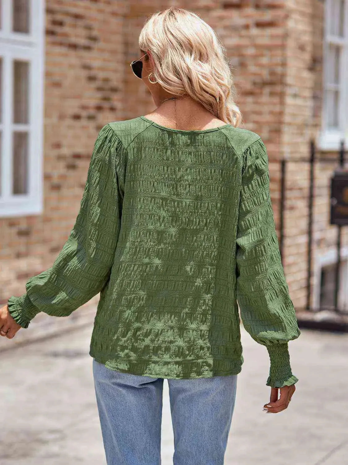 Round Neck Lantern Sleeve Blouse Blouses - Tophatter Daily Deals