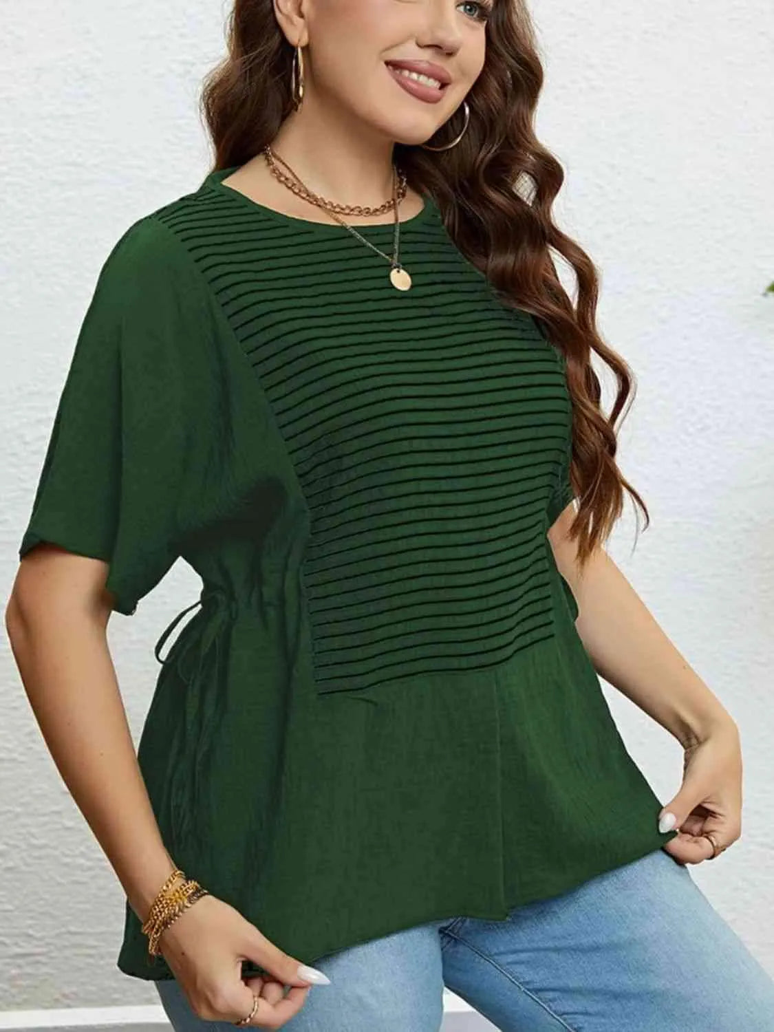 Plus Size Striped Drawstring Slit Top Blouses - Tophatter Daily Deals