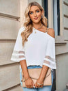 Asymmetrical Neck Sheer Striped Flare Sleeve Blouse Blouses - Tophatter Daily Deals